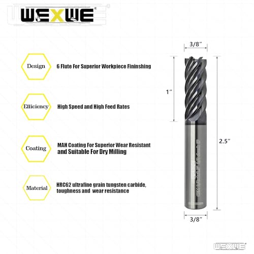 Tools Carbide End Mill Finish Machining Square Milling Cutter for Cutting Alloy Steels,Cast Iron, Hardened Steel - 6 Flute Cutting Tools 3/8 Shank (3/8-2.5" 1PCS) CEM 6F 3/8-2.5" 6F 1PCS