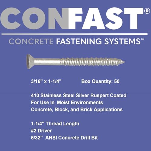 CONFAST 3/16" x 1-1/4" Concrete Screws 410 Stainless Steel Phillips Flat Countersunk with Concrete Drill Bit for Anchoring to Masonry, Block or Brick (50 per Box) 3/16" x 1-1/4"
