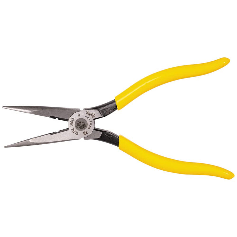 Klein Tools D203-8N Needle Nose Pliers and Wire Stripper, Long Nose Side Cutters with Wire Striping Hole, Heavy Duty Alligator Pliers, 8-Inch Side Cutting/Wire Stripping
