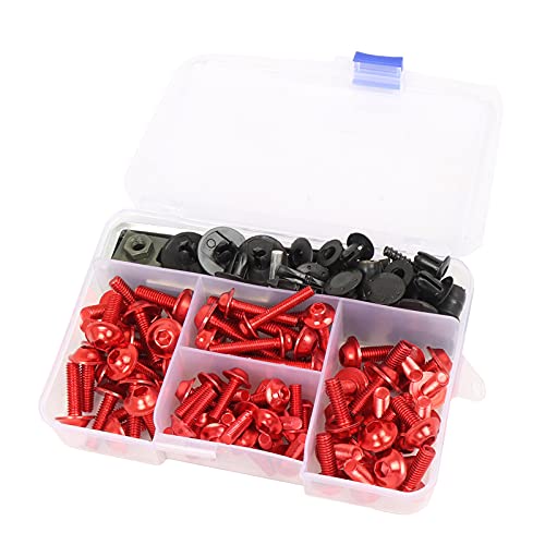 Universal Fairing Bolt Kit 195 PCS M5 M6 Motorcycle Windscreen Screws Fasteners Accessories Replacement for Yamaha Honda Kawasaki Suzuki BMW Sportbike Mounting Kits Washers Nuts Screws Clips red