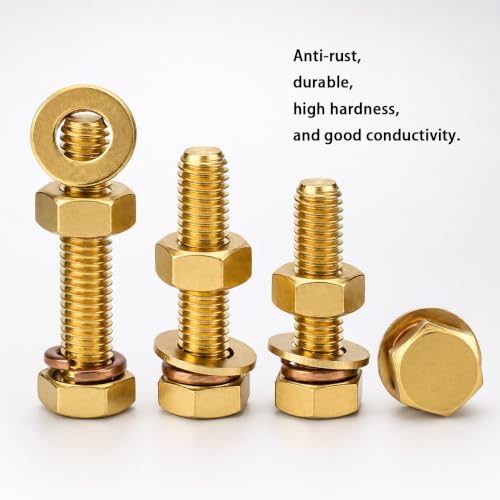 4pcs 1/4-20 x 1 Hex Screw Bolts + Hexagon Nuts + Flat Washers + Spring Lock Washers Kit, Conductive Brass Copper Hex Head Bolt, Full Threaded Heavy Duty Screw Bolts Kit 1/4-20 x 1", 4pcs