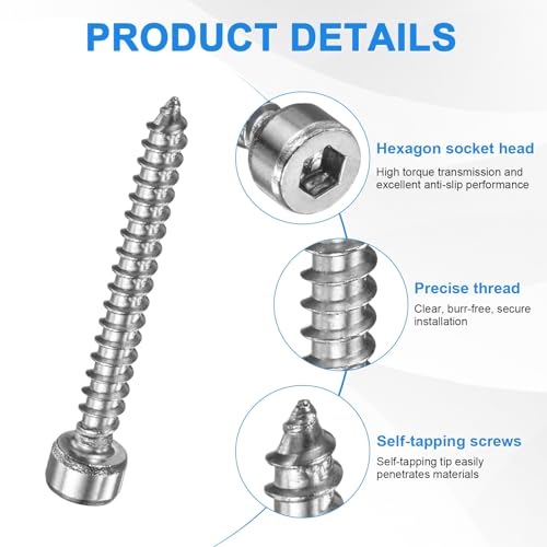 M METERXITY 100 Pack Hex Socket Head Screws, M4x35mm Stainless Steel Bolts Full Thread Self Tapping Screws for Furniture Machinery Electrical Appliances [Silver]