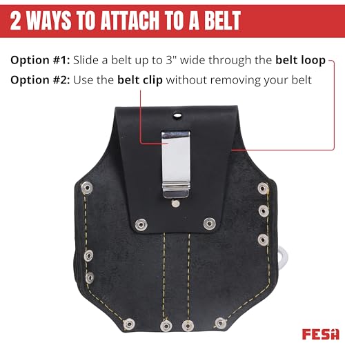 FESA Durable Leather Pliers Holster - Leather Double Plier Holder for Belt with Steel Hammer Holder, Tape Clip & 2 Carpenter's Pencil Pockets - Clip On Any Belt - Handcrafted Black