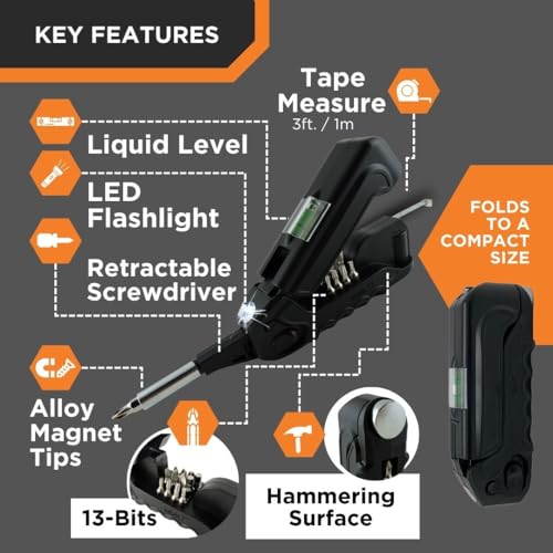 Kelvin Tools - Kelvin 17 Urban Screwdriver Set, All in One Everyday Multitool Screwdriver, Multi-Tip, Compact & Universal Precision, 13 Bit Set with Tape Measure, Liquid Level, Hammer and Flashlight Red