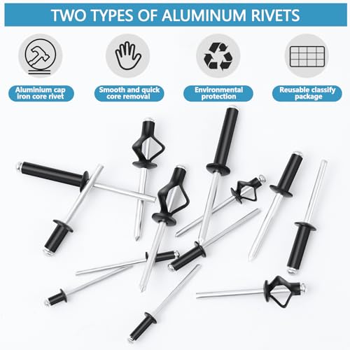 280pcs Black Pop Rivets Assortment Kit, SUVICTONG Aluminum Blind Rivets, (1/8" 5/32" 3/16") 13 Sizes Tri-fold Exploding Pop Rivet for Kayak Marine Boat Black 280 Pop Rivets & Washers