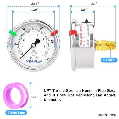 MEANLIN MEASURE 0~100Psi Stainless Steel Liquid Filled Pressure Gauge, 1/4" NPT 2.5" Luminous Dial, Glycerin Filled for WOG Water Oil Air Center Back Mount with 2PCS Snaps 0-100Psi