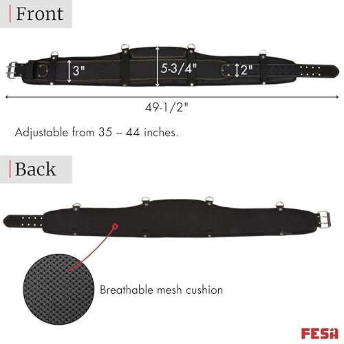 FESA Padded Leather Tool Belt with Back Support Have D-rings for Suspenders Black