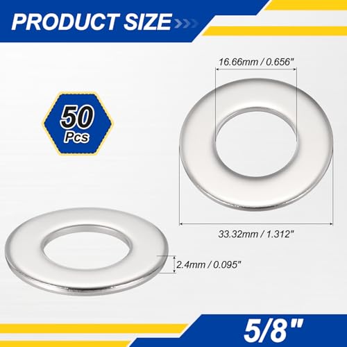 5/8" 304 Stainless Steel Flat Washer 1.312" OD 0.095" T 50PCS 5/8" 1.312"OD x 0.095"Thick 50