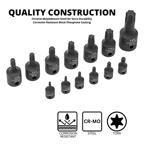 NEIKO 10281B Impact Torx Bit Socket Set, 1/4", 3/8" and 1/2" Drive, 6 Point Star Sockets, Heavy Duty Impact Grade Cr-Mo, T10 to T60 High Impact, Professional Grade Auto & Motorcycle Mechanic Socket 13 Piece
