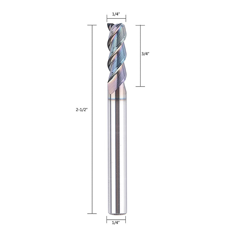 SpeTool 2Pcs 1/4" Shank Aluminum End Mill Set 3 Flute CNC Spiral Router Bits 2-1/2" OVL Extra Long Life Coated Non-Ferrous Metal Upcut Router Bit Tool