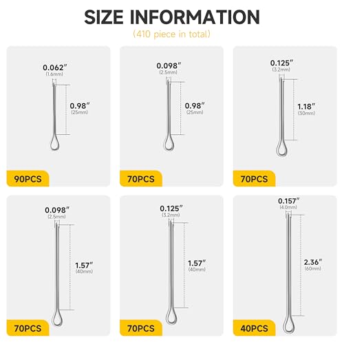410Pcs Cotter Pin Assortment Kit, 6-Size Heavy Duty Metal Cotter Pins, Hardware Pins Cotter Pin Set for Trucks, Hitch Pin Lock System, Machinery, Lawn Mowers, Hitch Clips & Pins by Mywish 410Pcs Straight Pins