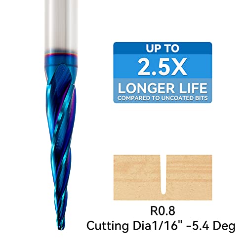 CNC Router Bits 1/4" Shank Spiral Ballnose Carving Bits Ball Tip R0.8 2PCS 5.4 Deg Taper, 1/16" Tip, 3" OVL 2