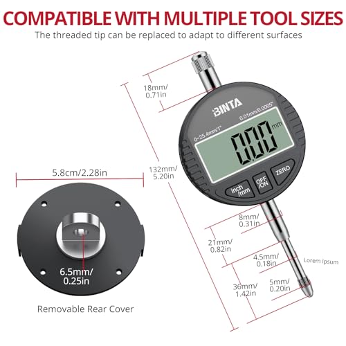BINTA Digital Dial Indicator 1inch/0.0005inch, Digital Indicator Black 0-1''/0.0005''