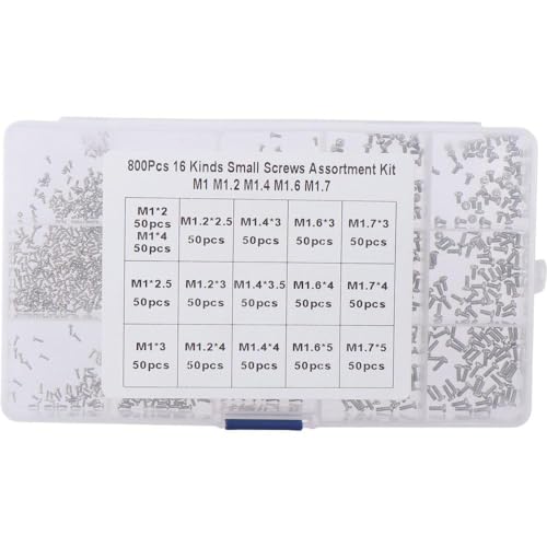 800pcs Small Screws Assortment Kit, M1/M1.2/M1.4/M1.6/M1.7 Tiny Screws Micro Screws, Mini Phillips Pan Head Machine Screws Set Repair Screws for Sunglasses, Glasses, Watches, Clocks