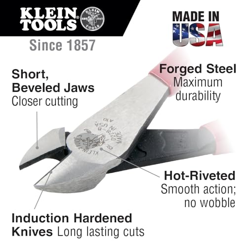 Klein Tools D228-8TT Pliers, Made in USA, Diagonal Cutting Pliers with High-Leverage Design and Tether Ring, 8-Inch