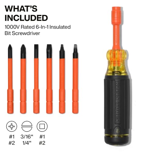 Klein Tools 32306INS 6-in-1 Insulated Multi-Bit Screwdriver, Multi-Bit Driver with Auto-Locking Collar, 1000V Rated, In-Handle Bit Storage