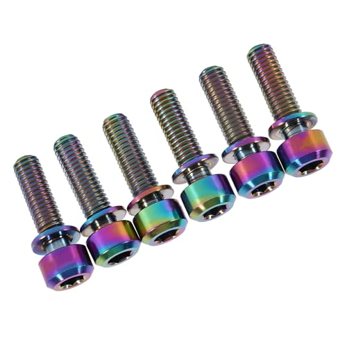 Bike Stem Bolt, Alloy Hex Tapered Rainbow Washers 6Pcs Oil Slick Finish Bicycle Headset Screw for Road Mountain Cyclists Assembly Maintenance Upgrades