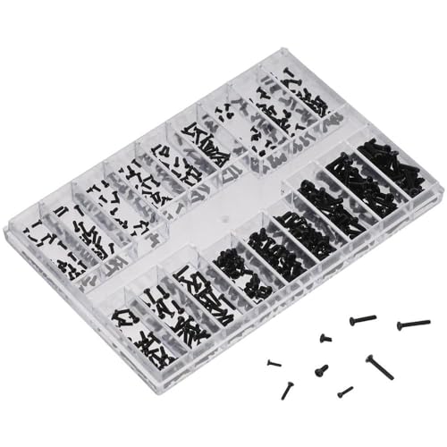 FEIYING Small Screws Assortment Kit, 18 Kinds M1.2 / M1.4 / M2.0 Mini Micro Screws Set, Black Repair Screws for Sunglasses, Glasses, Watches, Clocks (Round Head & Countersunk Head)