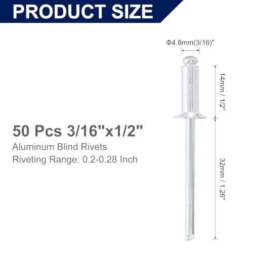 uxcell 50Pcs 3/16" x1/2" Aluminum Blind Rivets Flat Head Long Split Rivets 3/16"x1/2" 50