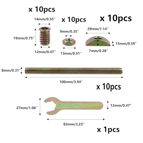 Semetall 10 Sets Bed Frame Hardware Connector Kit M8×100mm