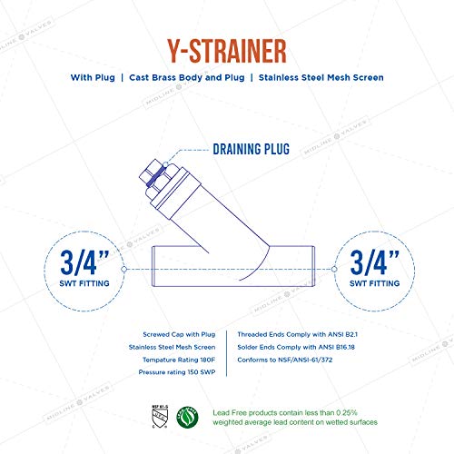 Midline Valve 322D256 Y-Strainer with Stainless Steel Mesh Screen, Pipeline Filter Valve, 3/4 in. Sweat, Cast Brass Single Pack 3/4 in.