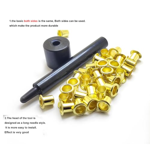 Kydex Holster Copper Eyelets,1 Tools with 200pcs #8-9-8.4mm (.294 Length Under Flange x 1/4" Outside Diameter) Brass Eyelets Rivets for 0.08" ~ 0.09" Kydex Holster Fastener（Golden Color,200pcs）