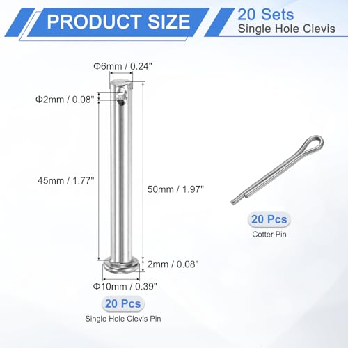 uxcell 20Pcs M6x50mm Clevis Pins, 304 Stainless Steel Single Hole Flat Head Clevis Pin Hairpin Location Pin with Cotter Pins for Trailer Latch Mechanics Repair Furniture Installation 20