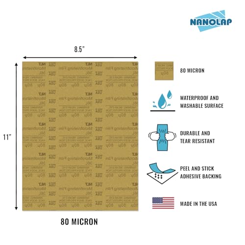 PSA Microfinishing Film, 3 Pc 80 Micron (180 Grit) Adhesive Polishing Paper, 8-1/2” x 11” Fine Sanding Film for Scary Sharp Sharpening System, Lapping, or Polishing Jewelry, Aluminum Oxide AO