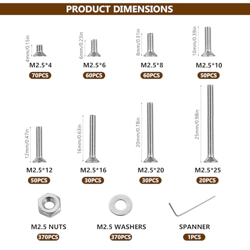 1110 Pcs M2.5 Screws Set, Metric Screw Assortment, Flat Metric Machine Screw Assortment, Countersunk Bolts and Nuts Set, 304 Stainless Steel Flat Head Hex Socket Cap Screws Bolts with Washers 1110