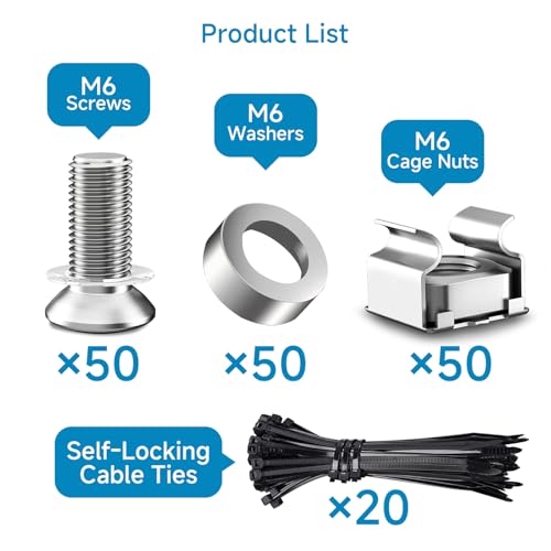 Set of 50 M6x16mm Rack Mount Cage Nuts, Screws and Washers for Rack Mount Server 19x10 Cabinet,Patch Panel, Rack Mount Server Shelves, Routers, Rack Mount Screws and Square Insert Nuts