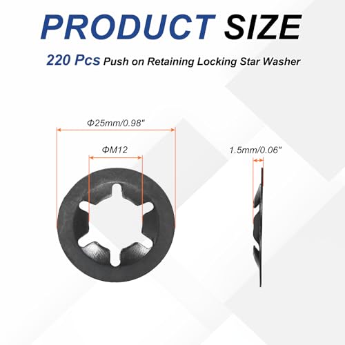 MECCANIXITY 220Pcs Internal Tooth Lock Washers, M12 ID 25mm OD Star Locking Washer Quick Speed Retaining Clips Fasteners for Machinery, Automobile, Industrial Use, Flat Edge M12x25mm 220