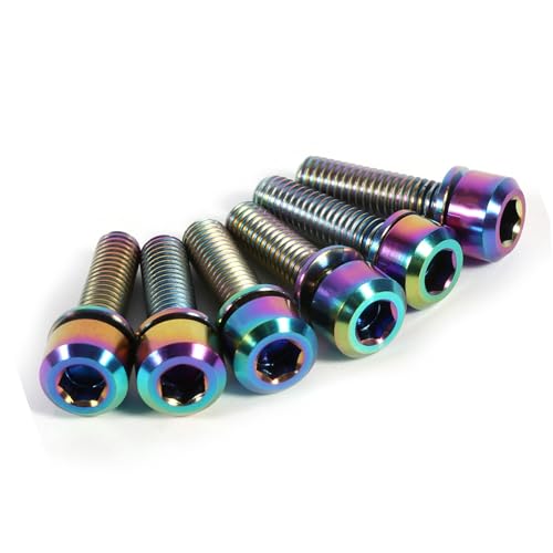 Bike Stem Bolt, Alloy Hex Tapered Rainbow Washers 6Pcs Oil Slick Finish Bicycle Headset Screw for Road Mountain Cyclists Assembly Maintenance Upgrades
