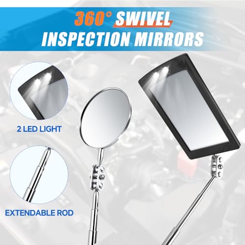 5 PCS Magnetic Pickup Tool Set, 1lb & 15lb Pick Up Rod, Magnetic Flashlight Pickup Tool, Round and Square 360 Swivel Adjustable Inspection Mirror, Mens Gifts for Him, Birthday Gifts for Men Women Dad 5Pcs Tools Set