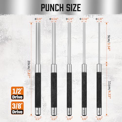 HORUSDY 5-Piece Roll Pin Punch Set, 8-Inch Carbon Steel Pin Punch Tool Kit (1/8" to 3/8") with Storage Pouch for Gunsmithing, Watch & Jewelry Repair 5PC Long Roll Pin Punch Set