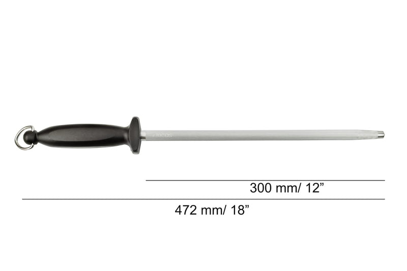 ARCOS Sharpening Steel 12 Inch Nitrum Stainless Steel and 300 mm blade. Series Chaira. Body Carbon Steel Chromium Coated 11 - Handle Polypropylene. Lightweight and smooth shapes. Color Black.