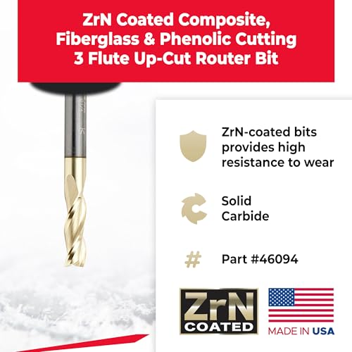 Amana Tool CNC Solid Carbide Up-Spiral Router Bit for Composite, Fiberglass, Phenolic, ZrN Coated, 46094, 1/4 Dia x 3/4 x 1/4 Shank x 2-1/2 Inch Long