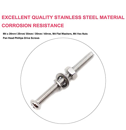 cSeao 340pcs M4 Pan Head Phillips Screws Nuts Washers Assortment Kit, 304 Stainless Steel, M4x 20mm/ 25mm/ 30mm/ 35mm/ 40mm 1. M4x20/25/30/35/40mm Screws Nuts Washers 340pcs