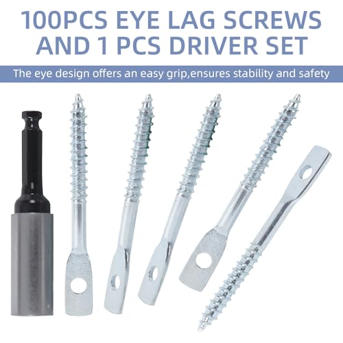 100 Pack Eye Lag Screws with 1Pc Eye Lag Driver, 1/4 Inch x 3 Inch Wood Screws, Heavy Duty Cement Concrete Wall Anchors Eye Bolts for Hanging Ceiling Joists 100