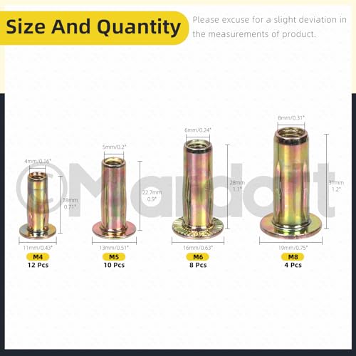 34Pcs 4 Sizes Multi-Grip Rivet Nut Assortment Kit, M4 M5 M6 M8 Zinc-Plated Flat Head Shank Threaded Insert Nut for Industrial Construction Fasteners M4/M5/M6/M8