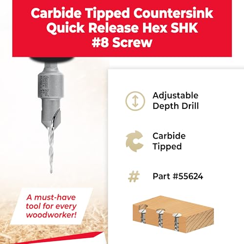 Amana Tool Carbide Tipped 82 Degree Countersink Tapered Drill Bit, 55624, Screw 8, 3/8 Dia x 7/64 Drill D x 1/4 Hex Shank