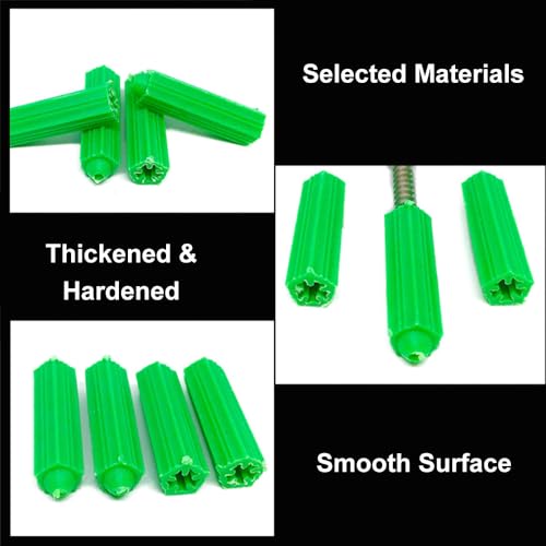 TopHomer 200Pcs M8 Green Plastic Drywall Screw Anchor Plugs, Expansion Fixings for Porous Bricks, Aerated Concrete, and Wall Materials