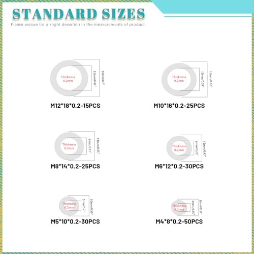 175PCS 6 Sizes 304 Stainless Steel Flat Washers Assortment Kits M3 M4 M5 M6 M8 M10 M12 Flat Spacers Shim Washers Round Flat Spacer for Screws & Bolts