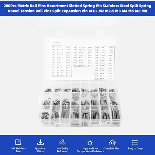 280Pcs Roll Pin Set Stainless Steel Slotted Pins Assortment Kit M1.5 M2 M2.5 M3 M4 M5 M6 M8 with Box