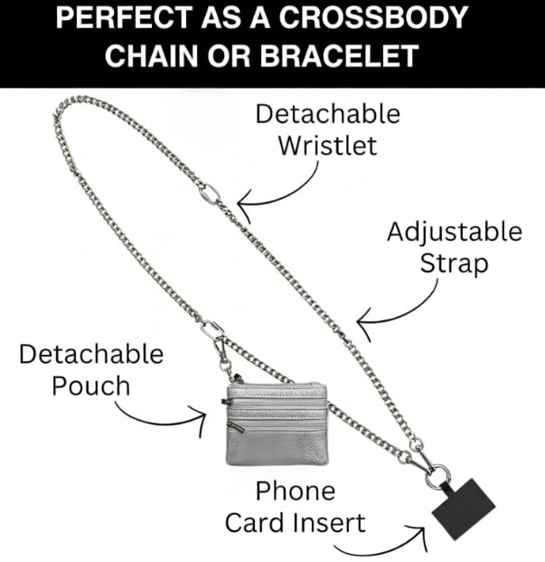 Phone Metal Chain with Pouch – Stylish Phone Lanyard Crossbody with Wallet for Women, Hands-Free Carrying and Adjustable Crossbody Chain Strap (Silver) Silver