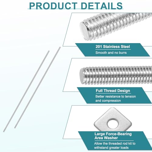 uxcell 2Pcs Fully Threaded Rod, M10-1.5 Thread Pitch 500mm Length Stainless Steel Right Hand Fully Threaded Studs with Nuts and Washers for Clamps, Hangers and U-Bolts M10 x 500mm 2