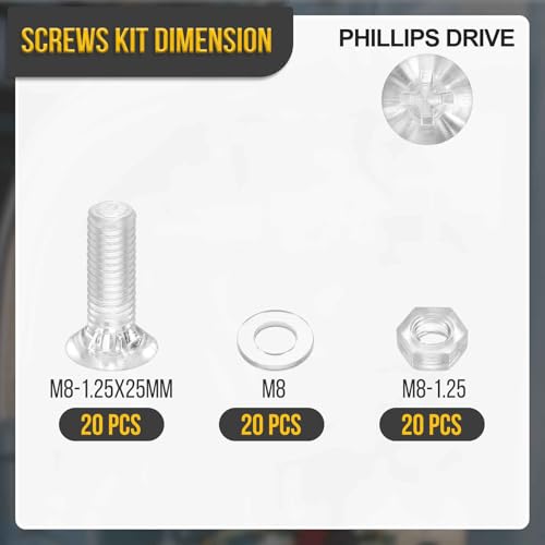 DTGN M8-1.25x25 Phillips Flat Head Bolt Nut Washer Kit Polycarbonate 60pcs 60