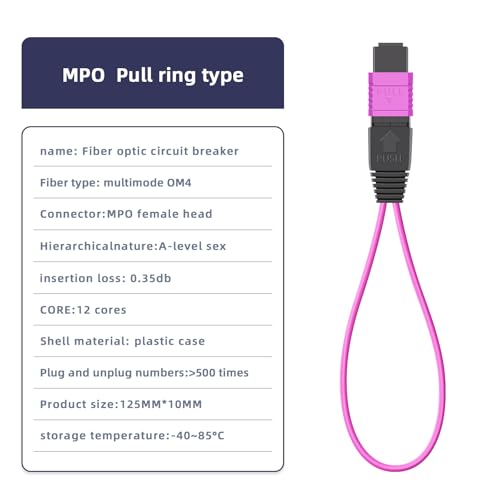 2pack MPO 12-Core OM4 Multimode Fiber Loopback, Pull Ring Design for 10Gb/40Gb/100Gb Network Testing, Data Center & Telecom Maintenance 2pack MPO-12core-OM4