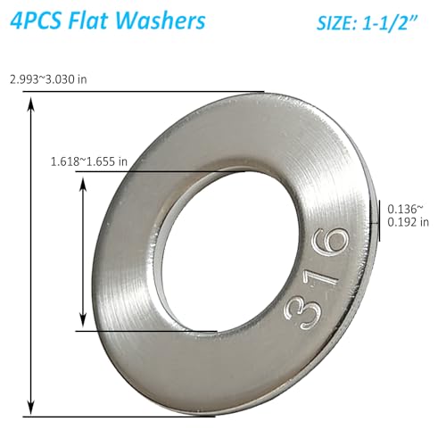 1-1/2" 316 Stainless Steel Flat Washers, 4-Pack