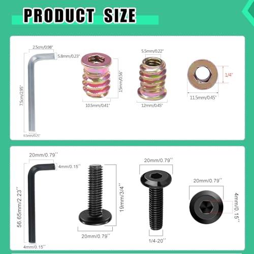 Twidec/30 Sets 1/4-20x15mm Threaded Inserts for Wood Furniture Screw Nut Kit Bolt Fastener Connector with 1/4-20x20mm Screw-in Nuts and Hex Wrench N-083-30set (Pack of 2)