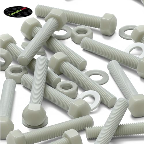 10x Natural Glass Filled Nylon Hex Head Screws M10 x 60mm, Nuts & Washers